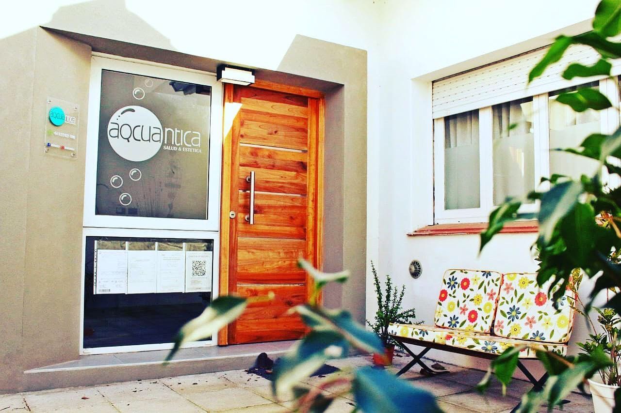 La entrada de Aqcuantica: el vidrio con el logo, la puerta de madera y el sillón floreado del patio, entre plantas